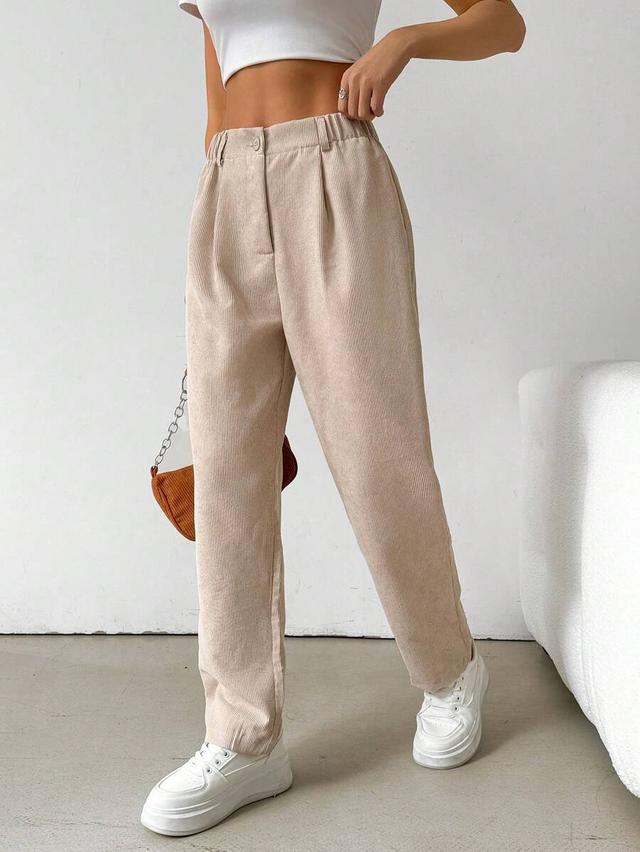 solid beige pleated casual corduroy pencil pants