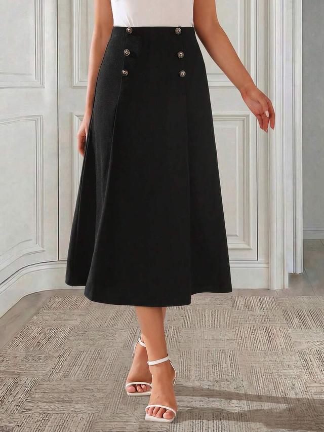 medorina high waist fake button black midi skirt