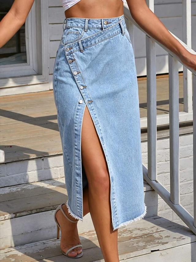 light wash denim midi skirt with asymmetrical button detail