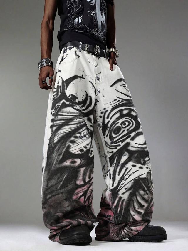 men's street dark style chinese ink wash wide leg jeans