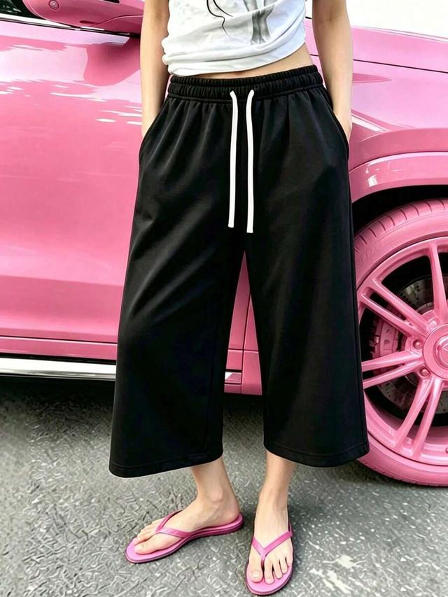 black wide leg cropped casual sports pants