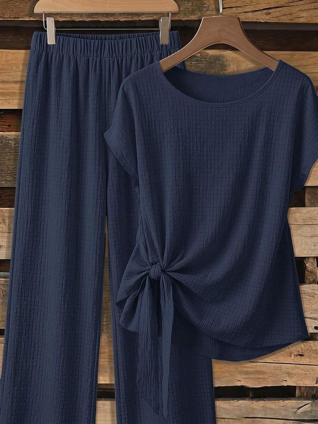 navy blue textured tie-front blouse