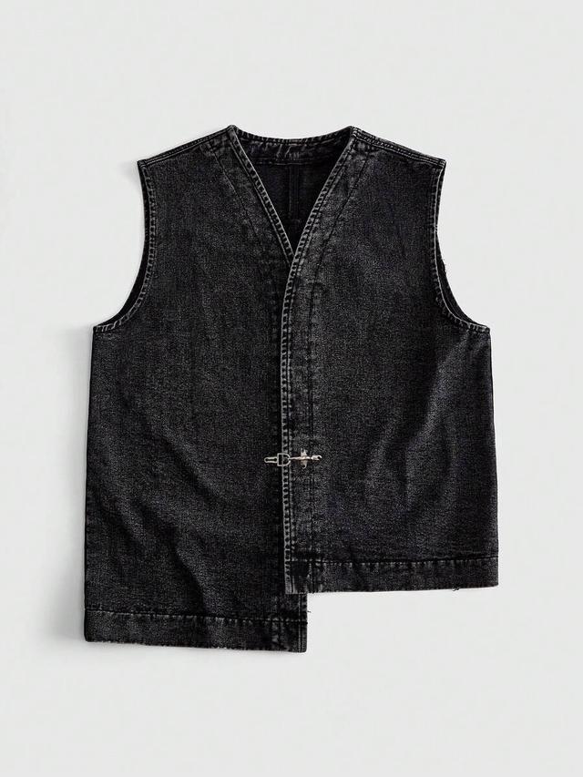 black denim deconstructed asymmetric hem sleeveless vest