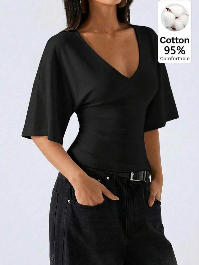 black cotton flare sleeve v-neck top
