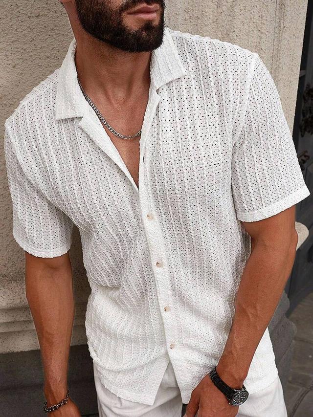 white textured mesh cuban collar short sleeve shirt
