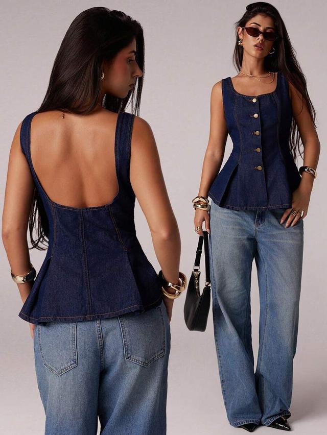 navy blue denim sleeveless peplum top with open back
