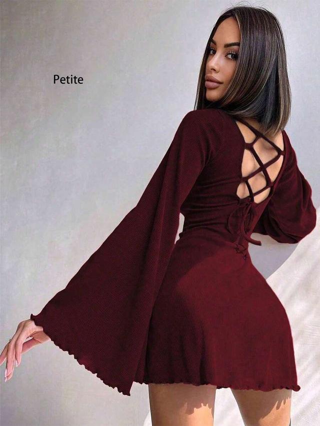 fashionable sexy petite round neck solid color flare sleeve hollow tie a-line short dress