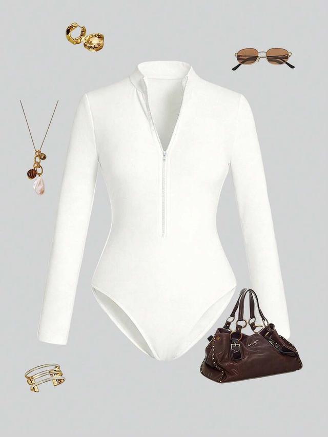white long sleeve zipper front bodysuit