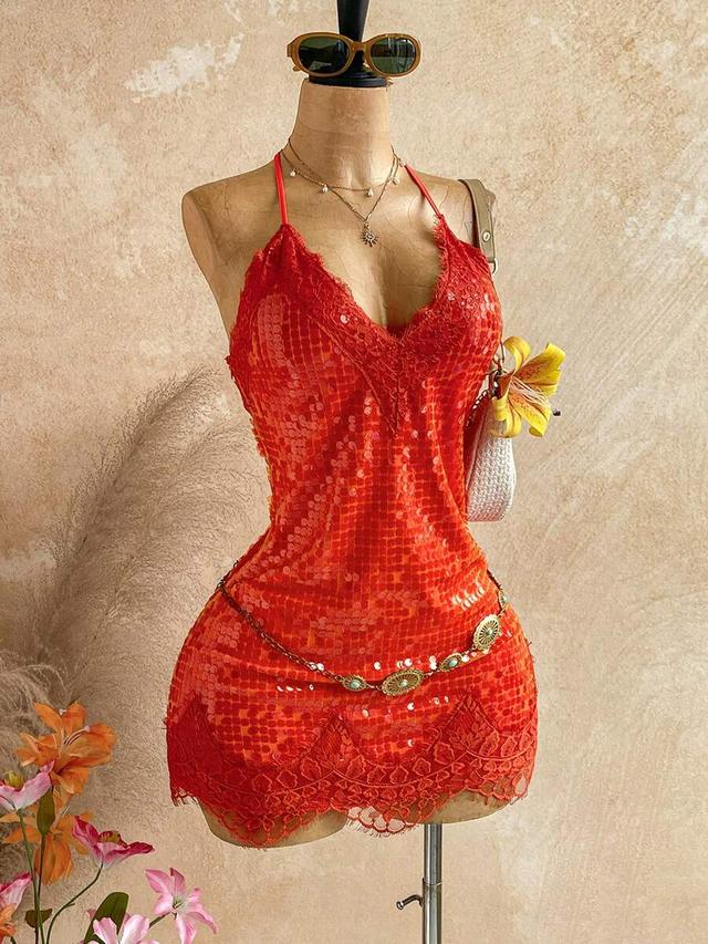 red sequin mini dress with lace trim