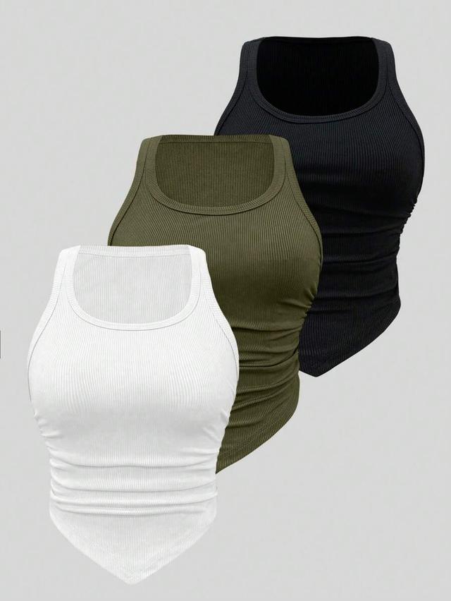 white ribbed tank top with chevron hem and ruching