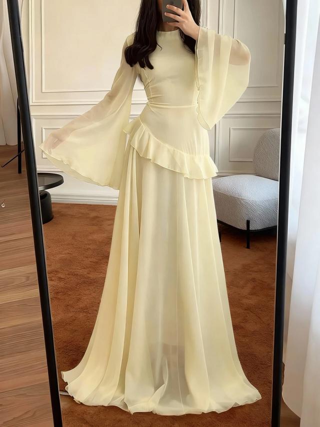 elegant pale yellow flounced splice cinched waist flare dress