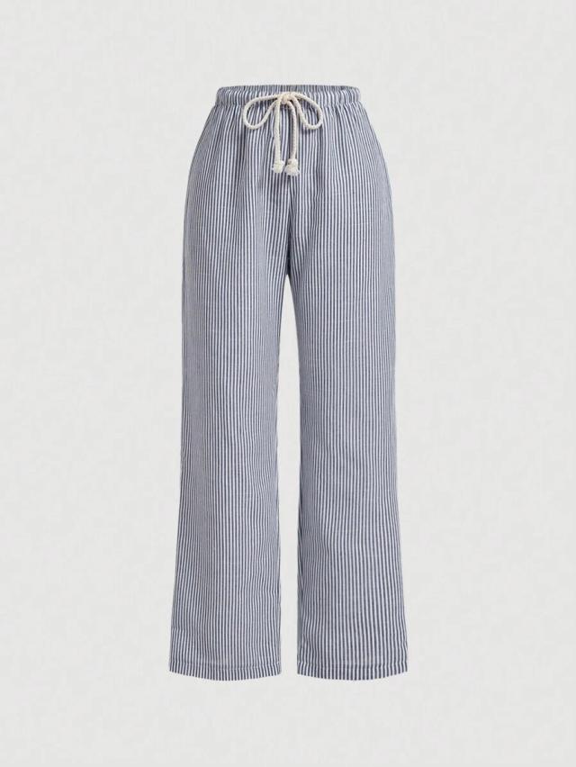 casual striped wide leg pants with drawstring waist