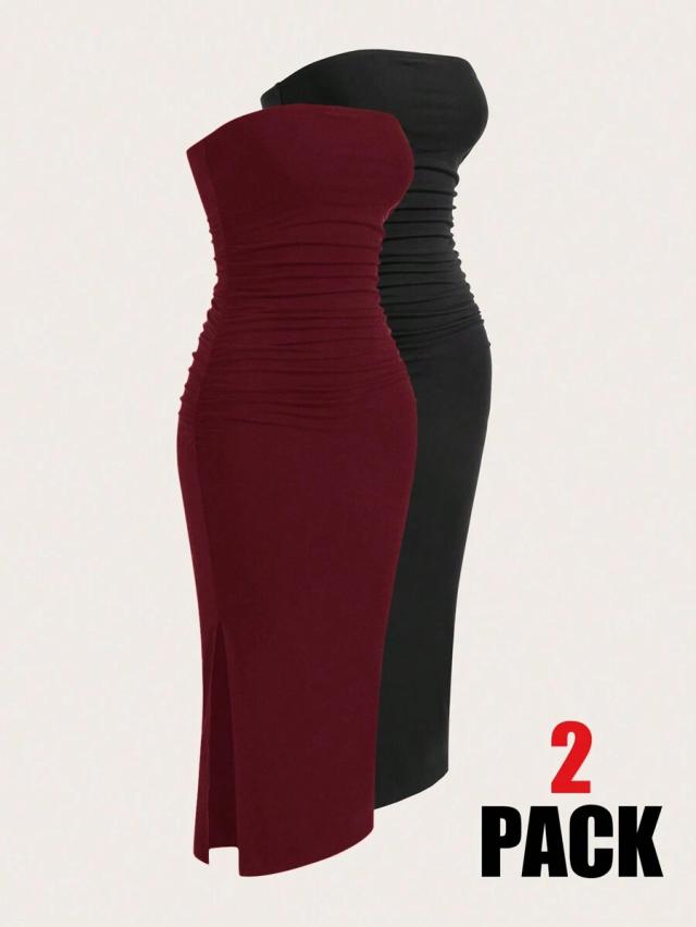 black strapless ruched knit midi dress