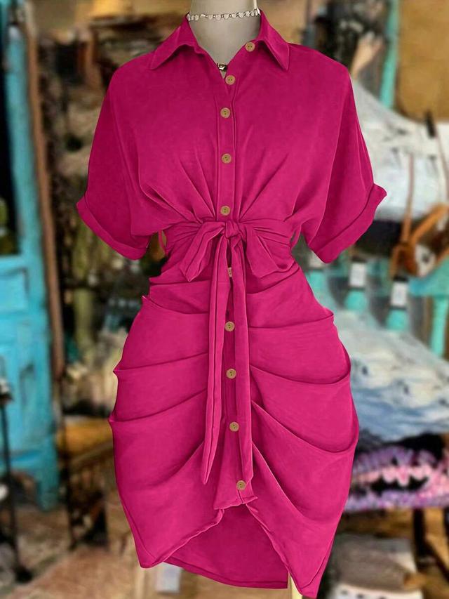 fuchsia button-down shirt dress with ruched waist