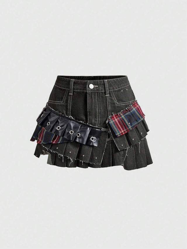 retro punk patchwork plaid denim mini skirt