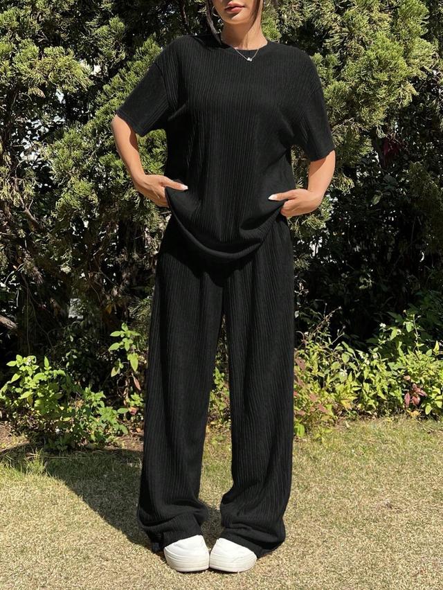 black ribbed knit t-shirt and wide leg pants set
