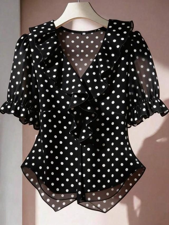 black and white polka dot ruffle v-neck blouse