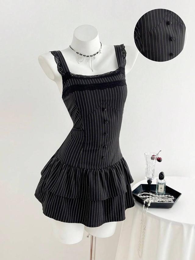 black pinstripe lace trim mini dress with tiered skirt