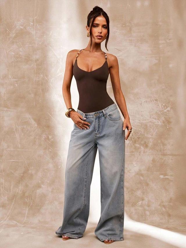 brown beaded spaghetti strap bodysuit