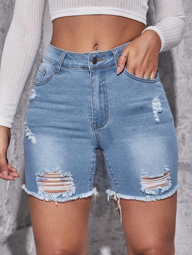 light wash distressed denim high rise shorts
