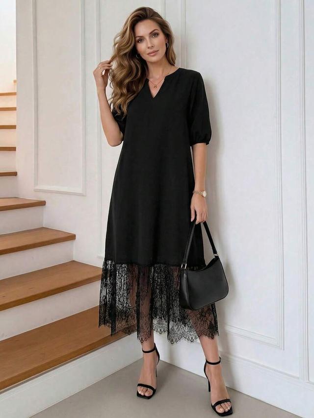 notched v-neck black midi dress with lace hem