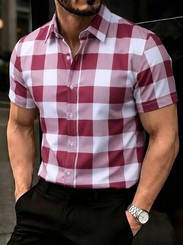 maroon and white checkered short sleeve casual shirt