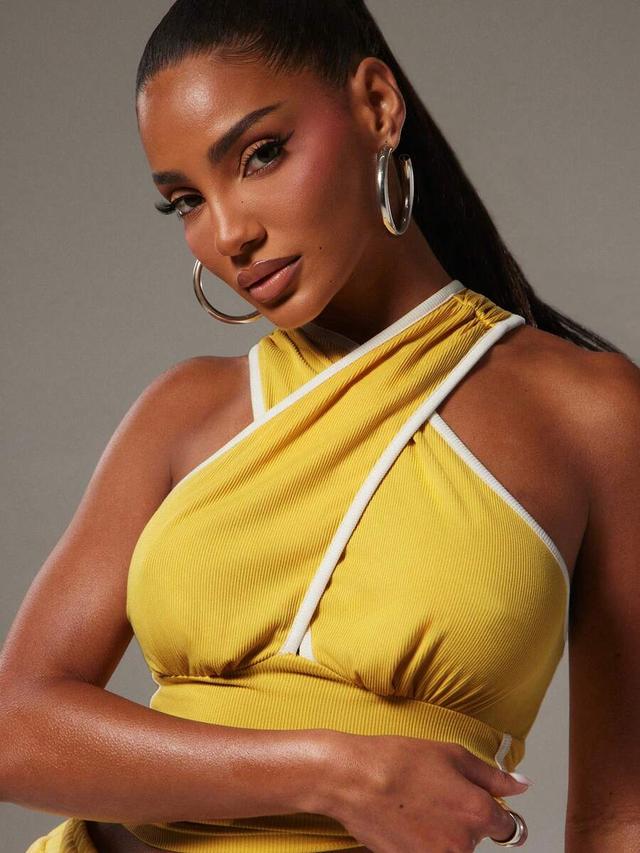 nya szn yellow ribbed halter cross neck top