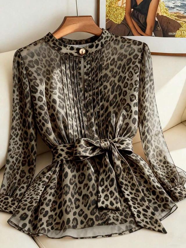 grey leopard print pleated collar bow tie blouse