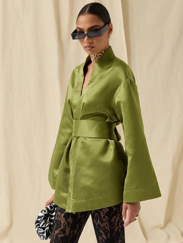 olive green satin bell sleeve mini dress