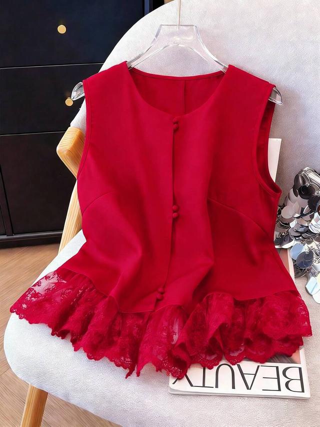 red sleeveless blouse with lace patchwork hem