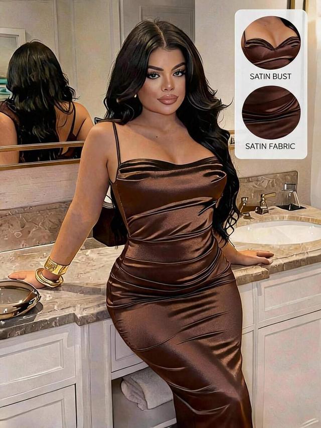 brown draped cowl neck backless satin bodycon dress