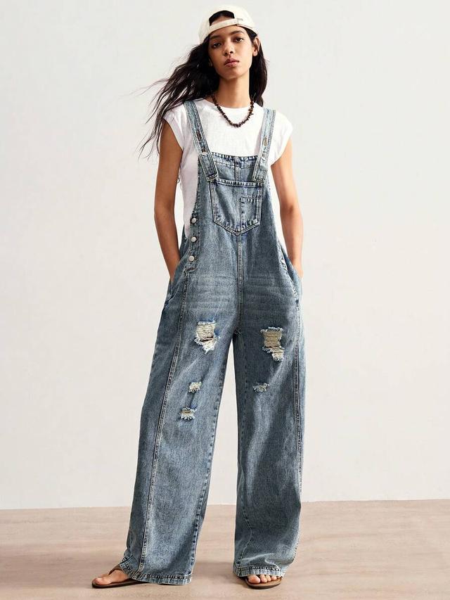 distressed wide leg denim dungarees