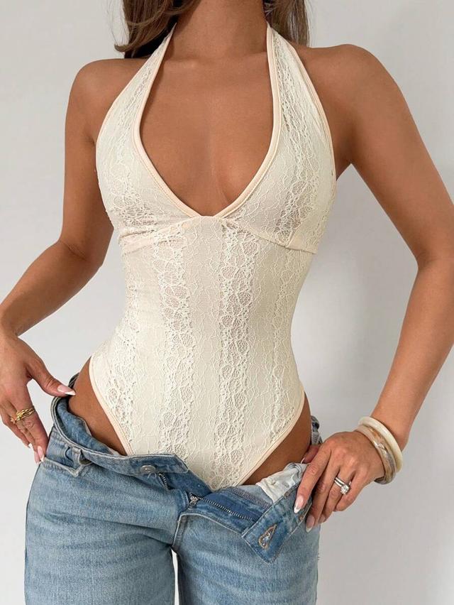 cream lace halter v-neck fitted bodysuit