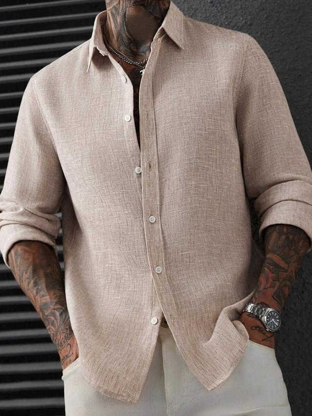 men's solid beige linen long sleeve casual shirt