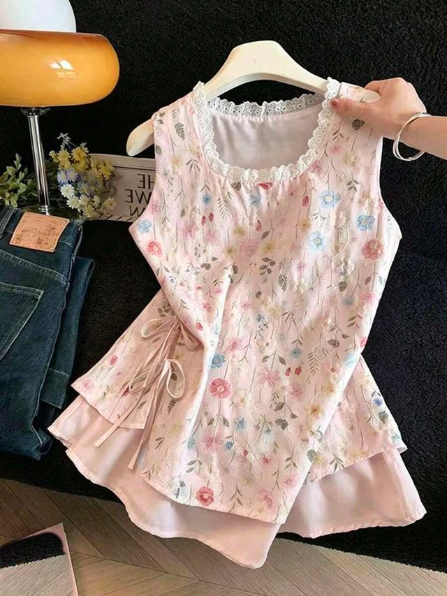 floral print frill trim round neck sleeveless blouse