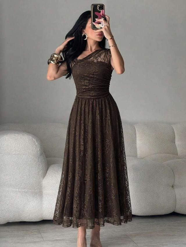 modelyn brown lace patchwork pleated elegant midi dress