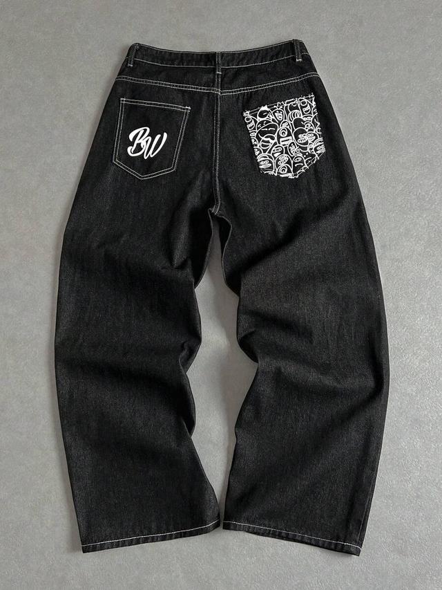 black denim wide leg jeans with graphic pockets