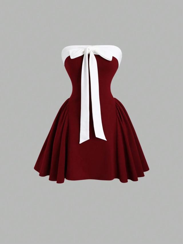 burgundy and white vintage bowknot bandeau dress