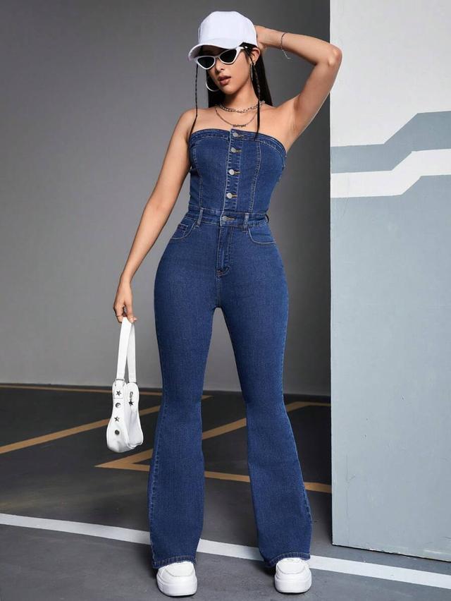strapless denim jumpsuit with button front and flared legs