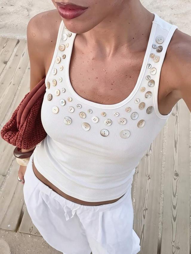 opulessa all white cropped ribbed tank with shell buttons