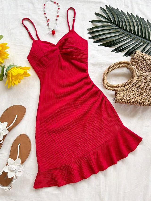 red knitted asymmetric chest twist ruffle hem mini dress
