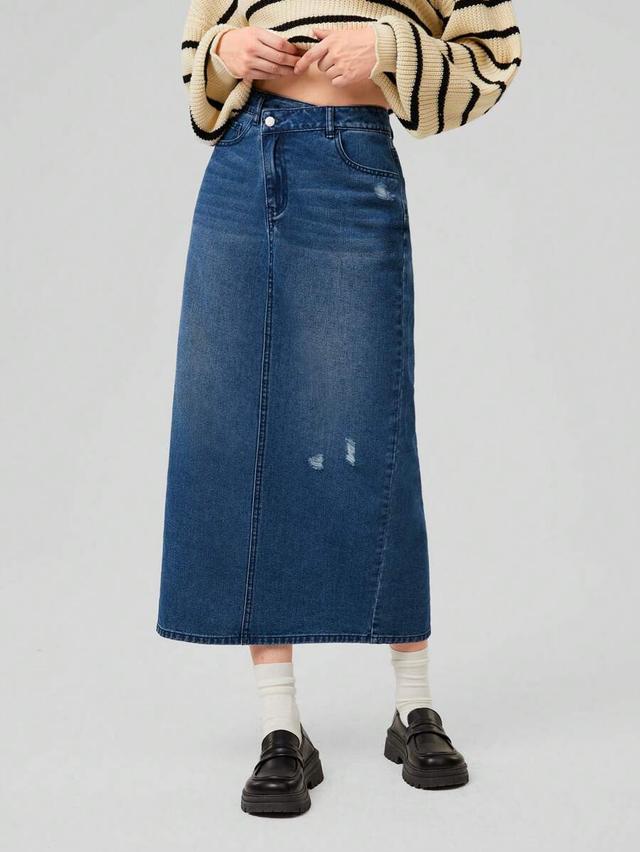 denim distressed denim midi skirt with back slit