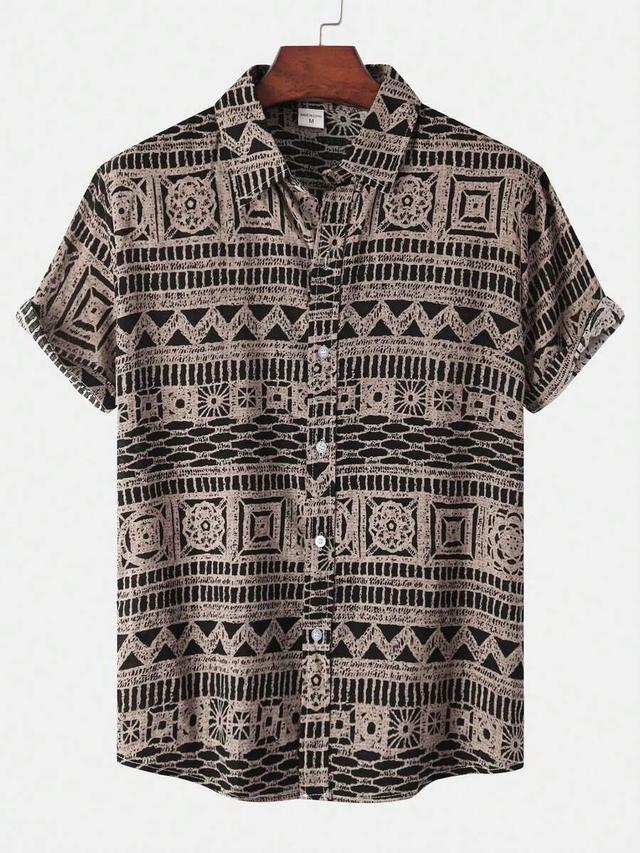 men's short sleeve geometric print linen-feel casual beach shirt