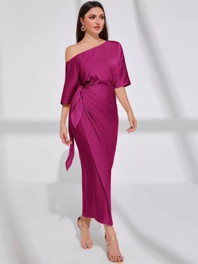 asymmetrical neck batwing sleeve wrap hem satin dress