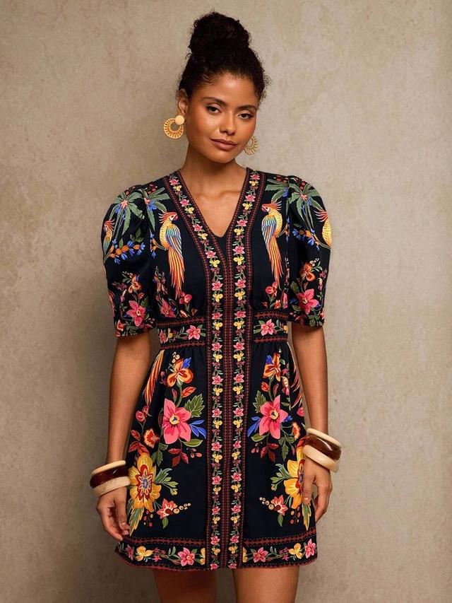 black floral v-neck short sleeve fitted mini dress