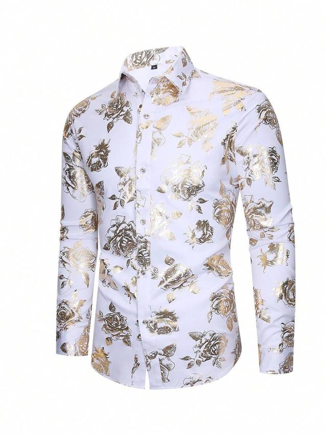 men's white floral print foil long sleeve shirt