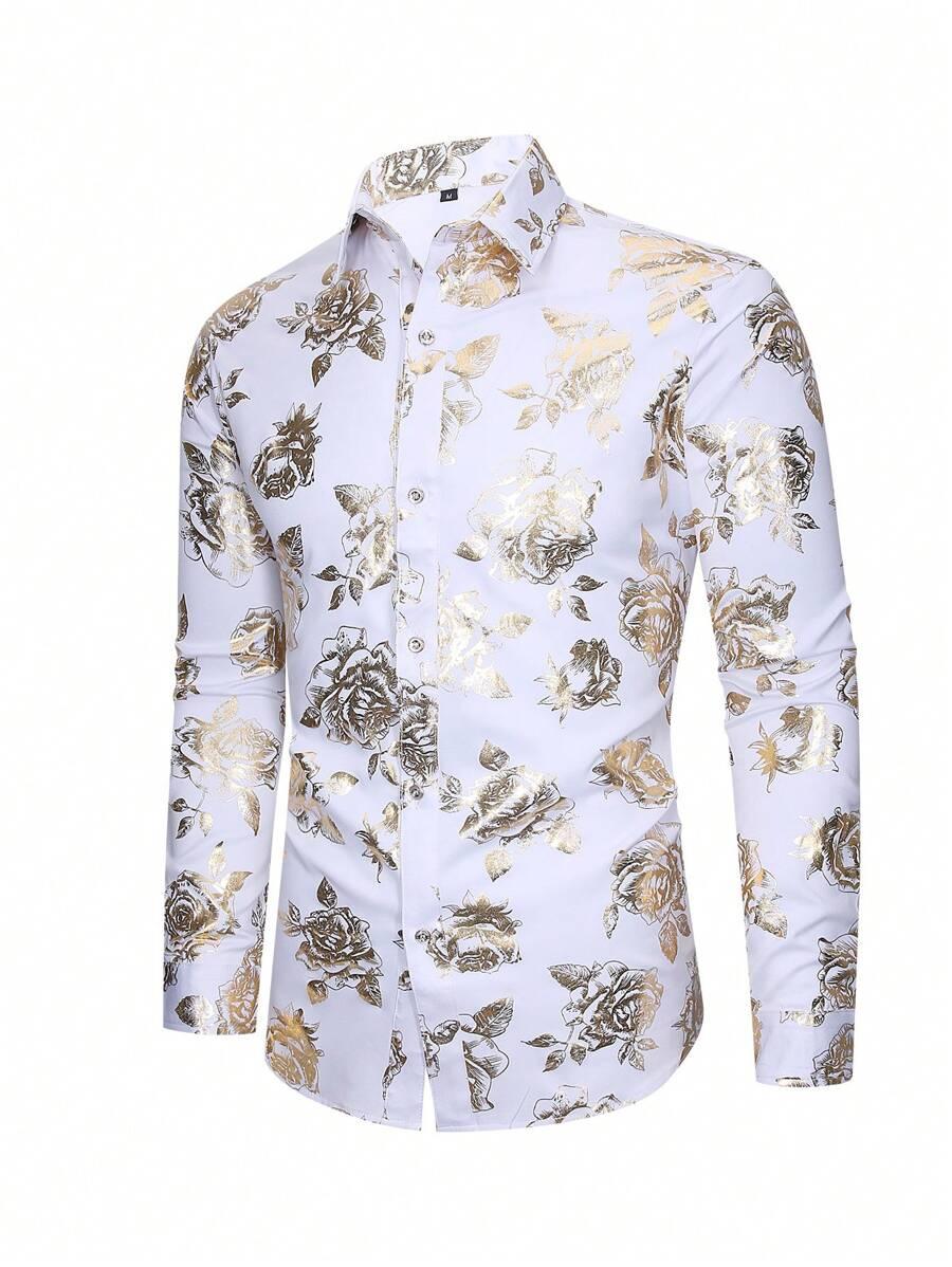 men's white floral print foil long sleeve shirt