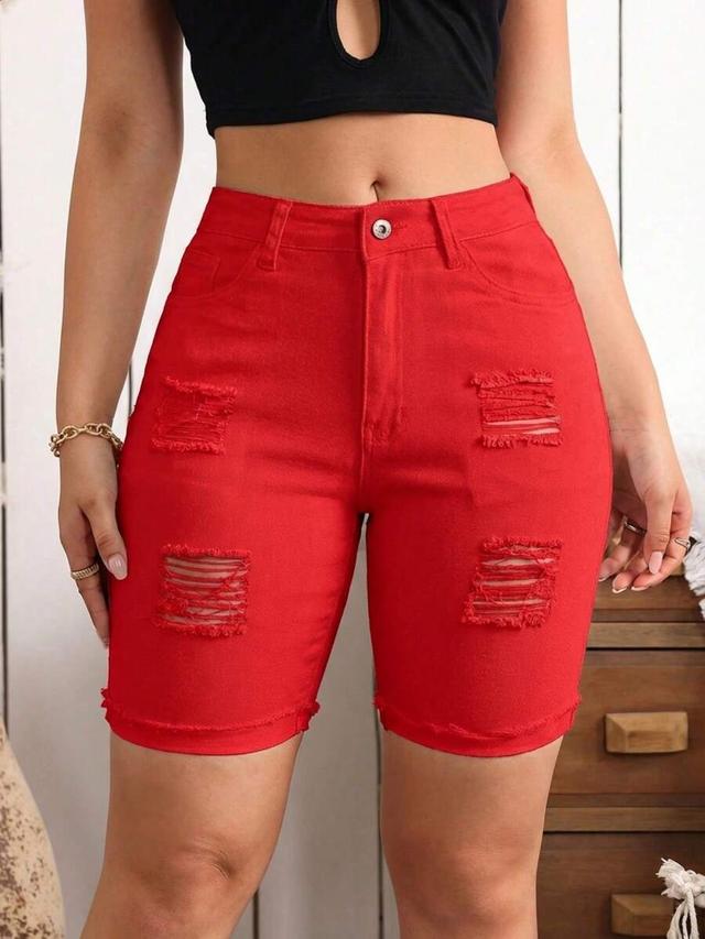 flexra women's red distressed skinny denim shorts