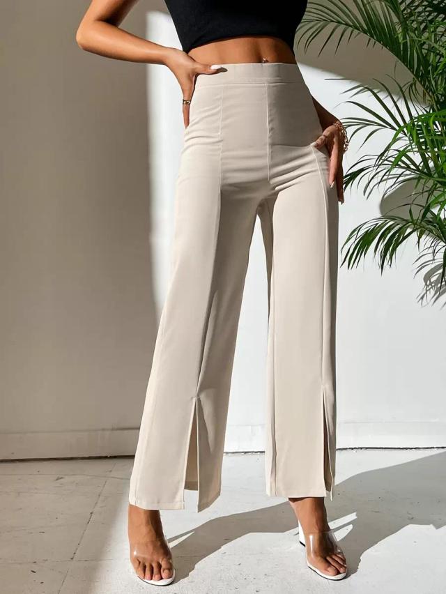 beige split hem straight leg dress pants