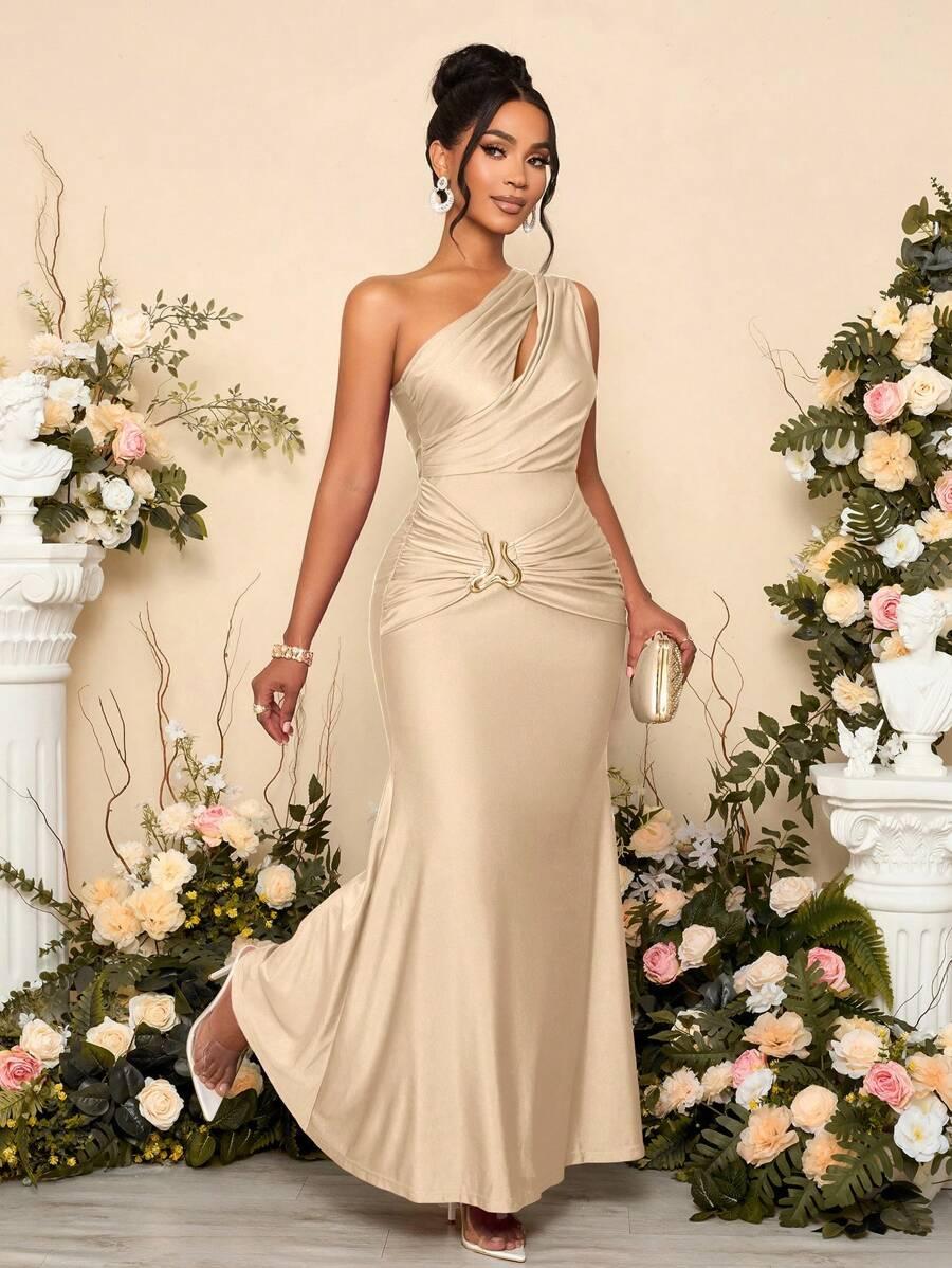 champagne one-shoulder draped satin evening dress